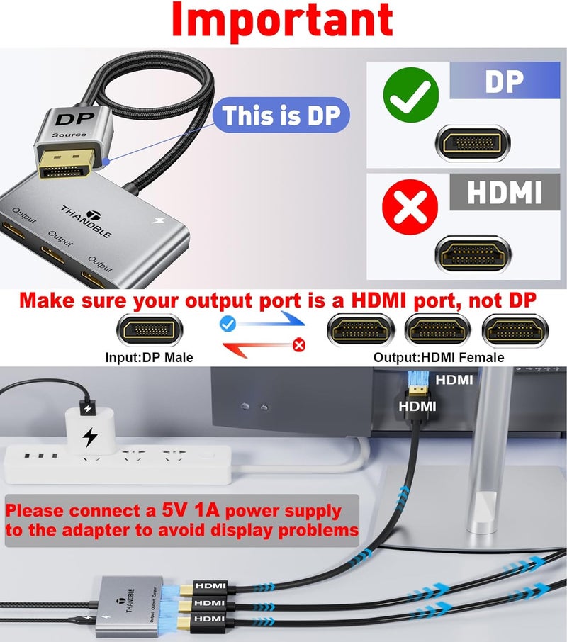 THANDBLE DisplayPort to HDMI Splitter for Multi Monitor Adapter, HDMI Splitter Extended Display 1 in 3 Out MST Hub (4K@60Hz) for Extended or Cloned Display Mode, DP to 3X HDMI Port with PC, NVIDIA AMD - Image 2